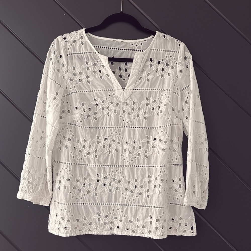 Chico’s Women's White Eyelet Embroidered Blouse 100% Cotton Small
